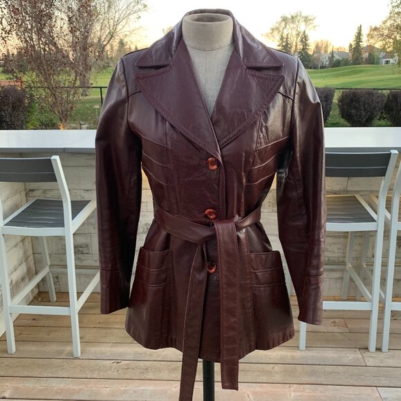 Vintage 70s Sears Burgundy Leather Quilt Lined Belted Blazer Jacket Trench Coat - Picture 1 of 16
